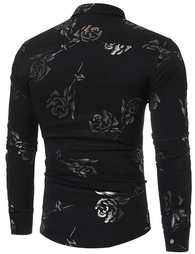 ZEROYAA Mens Hipster Gold Rose Printed Slim Fit Long Sleeve Dress Shirts/Prom Performing Shirts Z56 Black Small - Image 2
